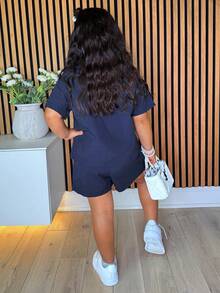 DAZY Young Girls V-Neck Korean Style Short Sleeve Shirt And Shorts 2 Pieces Set - Blue - View 2