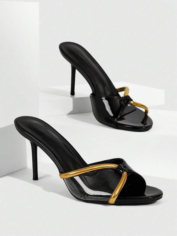 CUCCOO SZL Women Shoes Spring And Summer Patent Leather Glossy Gold Line Decoration Open-Toed Stiletto, Cool Sa Wind, Black Gold Women's High Heel Sandals Wear Outside Home Dating Shopping Nightclub Party Holiday Gifts