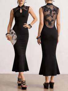 ROMWE Avant Dark Chinese Style Dragon Embroidery Backless Dress For Women - Black - View 1