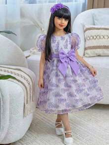 年轻女孩修身可爱度假风中长连衣裙，方领，泡泡袖，撞色蝴蝶结装饰。 - 紫色 - 查看 1