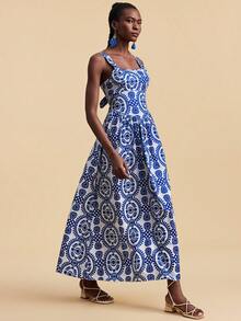 Travachic Women's Vacation Plant Pattern Casual Sleeveless Dress - Blue and White - View 5