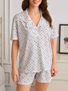 SHEIN Cotton Comfy Pajama Set With Button Detailed Sleep Shirt And A Short With Cute Heart Pattern - White - View 3