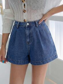 Teen Girl Summer Boho Casual High Waist Solid Washed Pleated Baggy Wide Leg Denim Shorts,Suitable For Travel And Gathering, Spring/Summer Preppy Aesthetic Denim,Summer Pleated,Casuals, Holiday,Summer Holiday,Spring,Valentines Day,Casual - Medium Wash - View 5