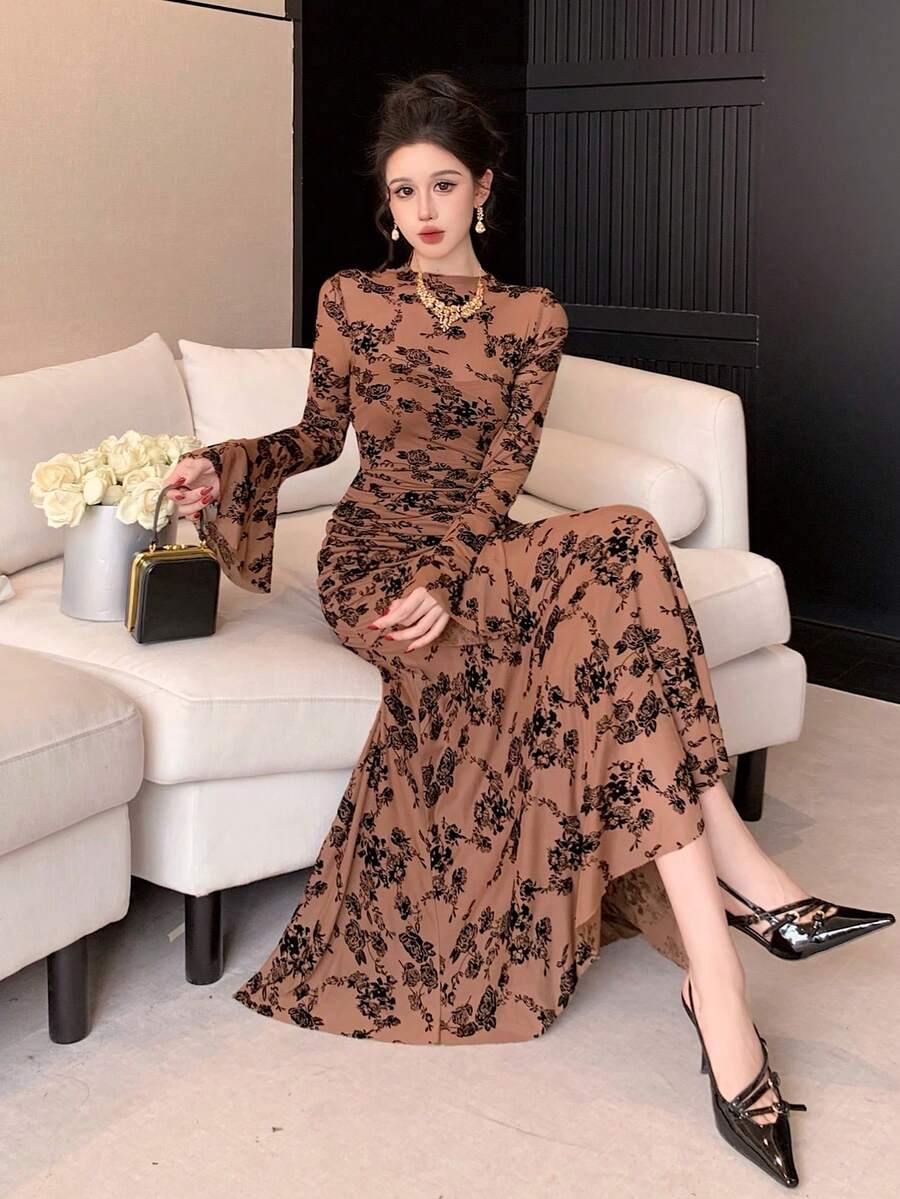 Brown Flocked Mesh Floral Print Lace Dress, Elegant Fit & Flare Midi Dress With Flare Sleeves, Suitable For Wedding, Party, Music Festival, Commute, Spring & Summer - Brown - View 1