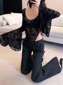 DAZY Women's Elegant Floral Print Flare Sleeve Jumpsuit, Spring/Summer - Black - View 9