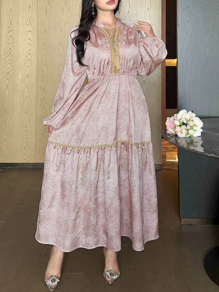 Dazy Plus Floral Pattern Patchwork Sequin Lantern Sleeve Waist Cinched Elegant Party/Date Maxi Dress, Plus Size, Spring/Summer Sun Dresses For Women