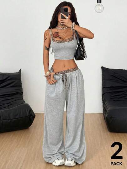 Coolane Summer Outfits For Women Going Out Tops Streetwear Casual Homecoming Y2k Sportswear Athleisure Leopard  Stretchy Comfortable  Grey Color-Blocked Bustier Tank Tops And Wide Leg Sweatpants,2pcs, 2 Piece Casual Sets Woman
