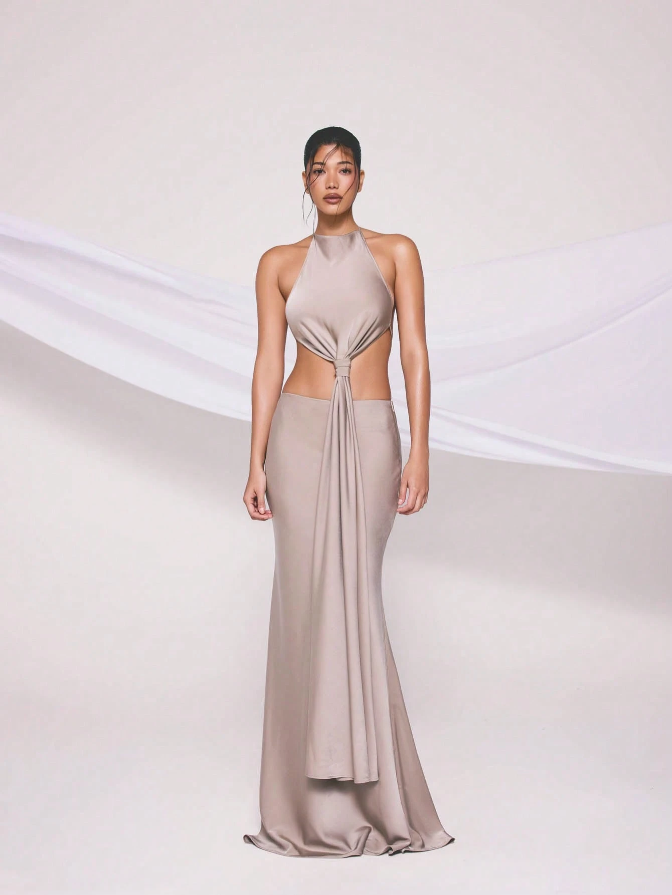 KIZN Satin Halterneck Knotted Drape Top With Tie Detail