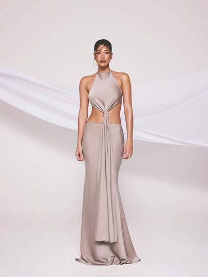 KIZN Women's Satin Halterneck Knotted Drape Top With Tie Back Detail For Evening Party Date Night Occasions Luxurious Formal Sleeveless Blouse