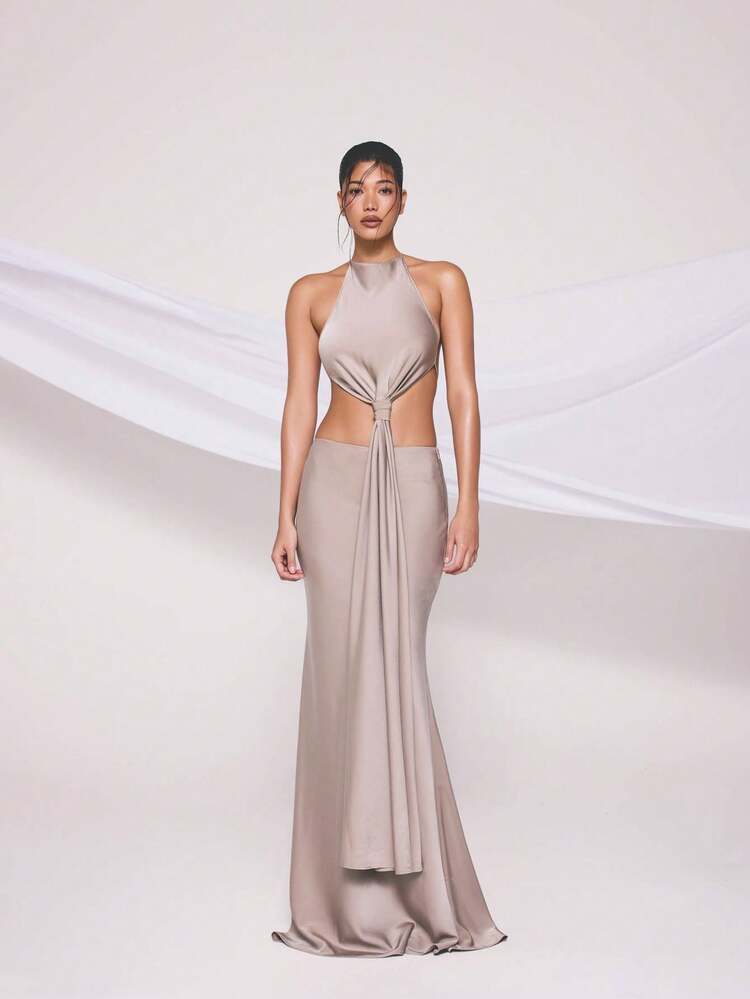 KIZN Damen Satin Neckholder Drapierte Bluse mit Knoten und Rückenbindung für Abendpartys, Dates und festliche Anlässe, luxuriöse ärmellose Bluse