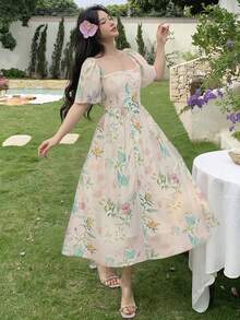 DAZY 法式碎花连衣裙，浪漫复古风夏季吊带裙，波西米亚度假装扮，女士 - 白色 - 查看 2