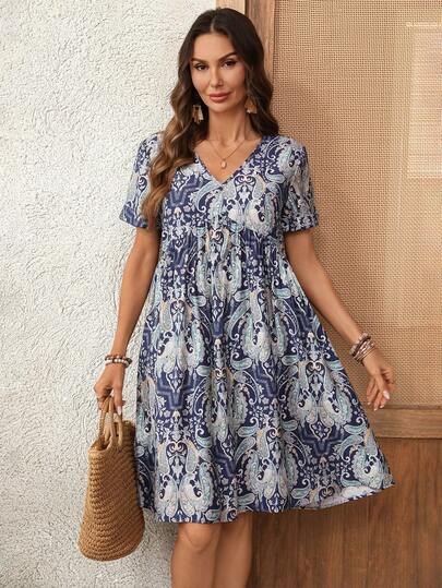 EMERY ROSE Women's Casual V-Neck Short Sleeve Cashew Print Mini Dress For Vacation Summer Dress Summer Outfits For Women Summer Dresses For Women Beach Outfits For Women Beach Dresses For Women Going Out Outfits Vacation Outfits Women Summer Holiday Outfits Holiday Outfits Casual Dresses For Women Women Vacation Dress Boho Summer Dress Women Summer Casual Dress Short Sleeve Summer Dress