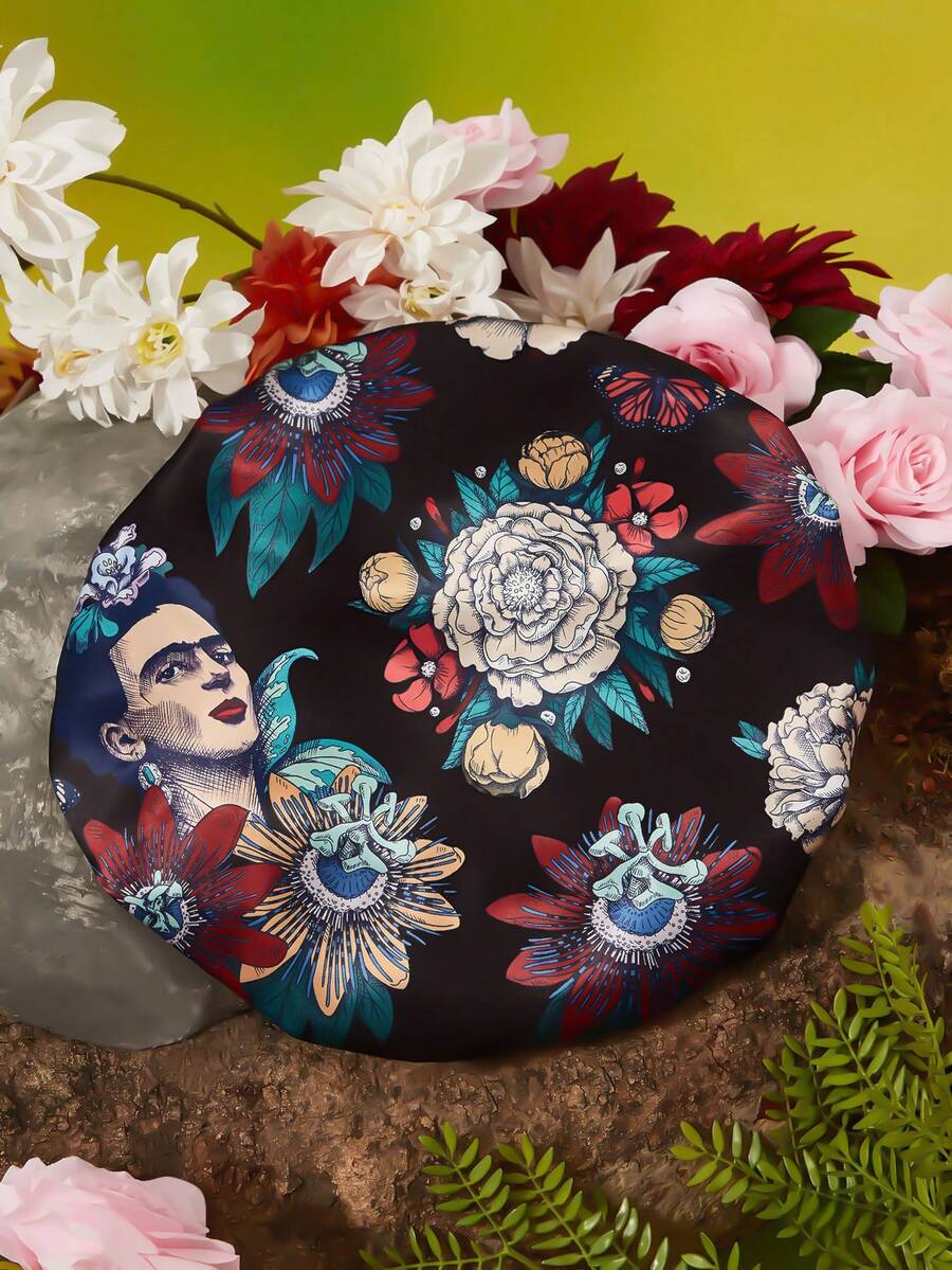 Frida Kahlo X SHEIN 双层升级版护发帽，宽弹力缎面睡眠帽，柔软舒适，适合日常居家和睡眠佩戴，黑色花卉印花，夏季穿搭，春季穿搭，海滩度假，花朵图案 - 彩色 - 查看 1