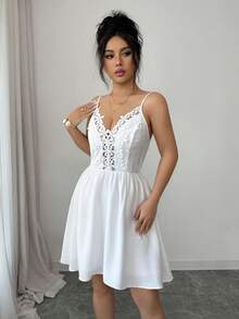 Elenzga Sleeveless Floral Lace Patchwork Elastic Waist A-Line Elegant Casual Sexy Summer Beach Dress For Women - White - View 4