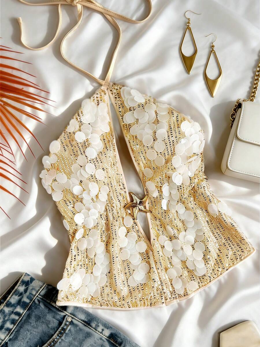 Roelina Vacation Stylish Sequin Backless Halter Neck Blouse For Women - Yellow - View 1