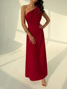 SHEIN LUNE Women's Floral Decor Waist Fit & Flare Dress - Burgundy - View 4