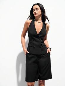 Aveloria Modichic Fashionable Design Elegant Versatile Commute Casual V-Neck Halter Backless Satin Vest Paired With Midi Pants 2 Pieces Set - Black - View 4