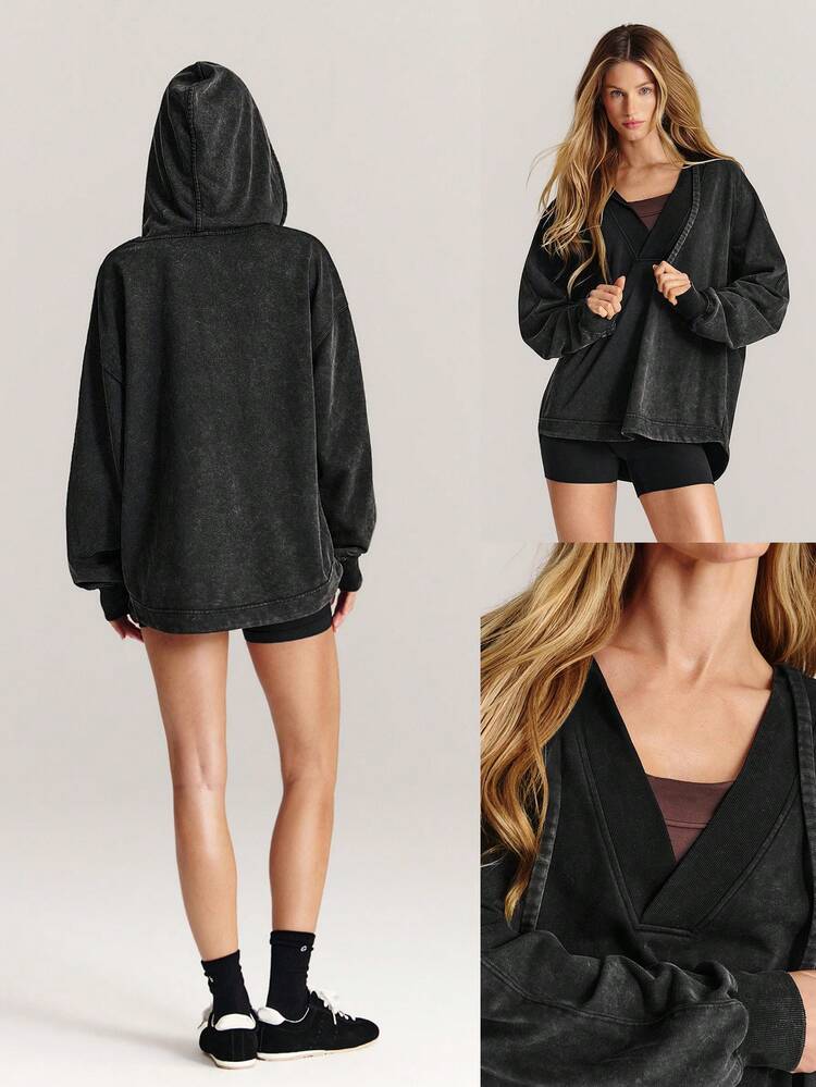 Everyday Terry Cozy Motivation Soft Breathable Sweat-Wicking Vintage Wash Oversized Deep V-Neck Tunic Hoodie Sweatshirt Daily Casual Wear