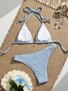 Swim Vcay 2pcs Textured Halter Neck Tie Bikini Set, Spring/Summer - Blue and White - View 9