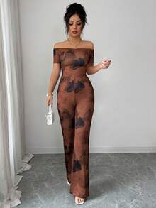 Rafferiza Women's Elegant Niche Coffee Brown Tie Dye Print Elastic Off-Shoulder Cinched Waist Bodycon Short Sleeve Jumpsuit - Coffee Brown - View 5