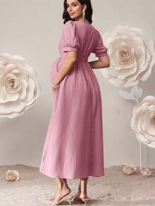 SHEIN 孕妇纯色短款花瓣袖纽扣设计优雅连衣裙 - 粉色 - 查看 7