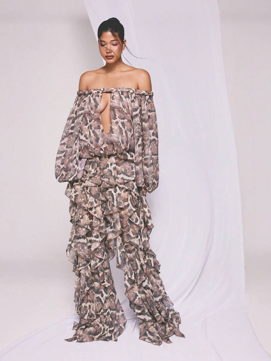 KIZN Quần ống loe rộng cạp cao kiểu Palazzo bằng vải chiffon in họa tiết da rắn dành cho nữ, xếp tầng, kiểu dáng bồng bềnh, phong cách Bohemian, thích hợp cho các lễ hội. - màu nâu - Xem 1