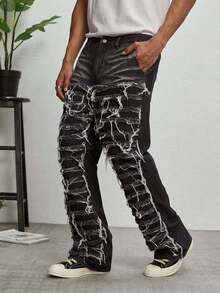 GALLERY FADE Men's Casual Washed Frayed Flare Leg Jeans - Black - View 3