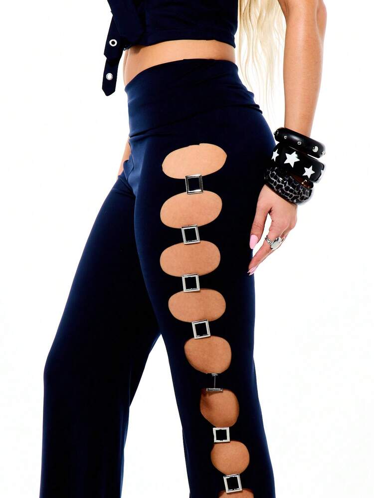 SUMWON WOMEN Flared Leg High Rise Buckle Detail Side Cutout Pants Black Wide Leg Trousers Women Bell Bottom Statement Pants Gothic Style Club Wear