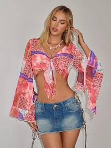 SHEIN ICON 女士度假风拼接图案前系结喇叭袖短款性感衬衫 - 彩色 - 查看 7