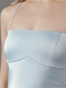 OverBlushhh Đầm maxi satin màu xanh dương dành cho nữ, hở lưng, buộc dây, xẻ cao. - Màu xanh nhạt - Xem 7