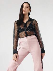 OverBlushhh Women's Black Sheer Polka Dot Blouse Long Sleeve Button Down Shirt Satin Collar Cuff Elegant See Trough Blouse Chic Office Work Date Night Party Top, Spring, Summer - Black - View 3
