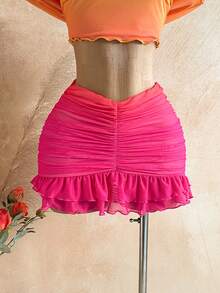 Soleia Top ajustado con hombros descubiertos y textura plisada + Falda ajustado con volantes en el bajo, ideal para vacaciones románticas, playa, , citas y momentos sexys - Naranja Quemada - Ver 4