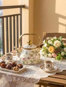 Cirelle Floral Enamel Kettle With Gold Handle – 1.2L /2.5L Stovetop Teapot For Gas Stove, Durable Home Kitchen Essential For Tea & Coffee, Rustic Farmhouse Decor - Multicolor - View 2