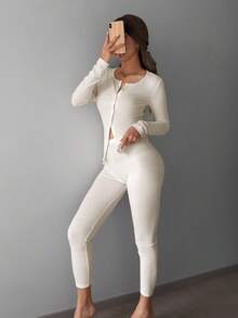 DAZY Minimalist Comfortable Knit Fitted Women Pajama Set - Apricot - View 1