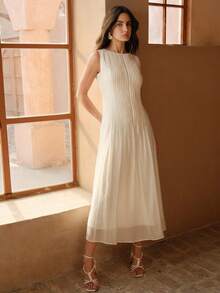Anewsta Minimalist Fashionable Versatile Solid Color Jacquard Textured French Style Waist-Cinching Slimming Long Dress - Apricot - View 5