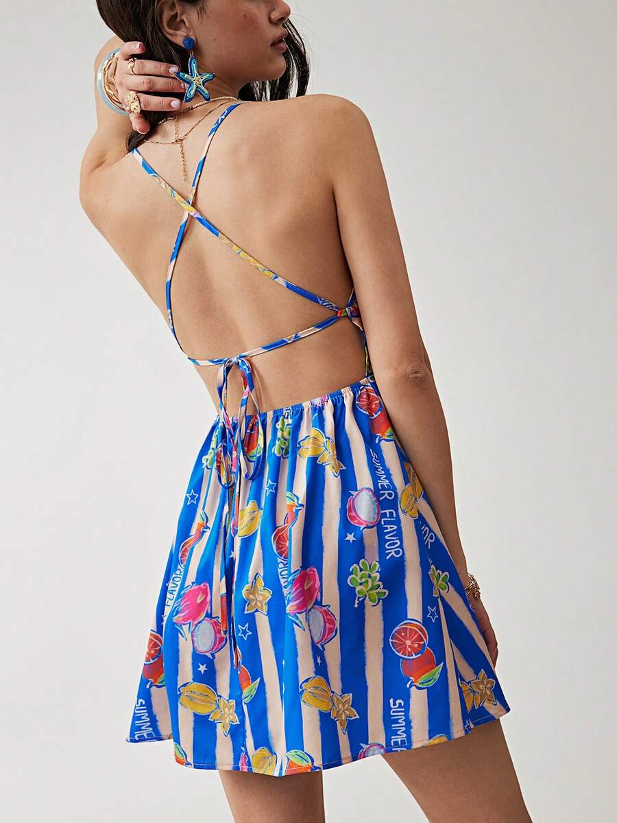 Soleia 女士夏季度假条纹水果印花吊带迷你连衣裙 - 彩色 - 查看 1