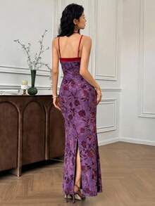 EastFlair Đầm nữ in hoa, dáng ôm, đuôi cá, dây mảnh, thanh lịch. - Màu đỏ tím - Xem 3