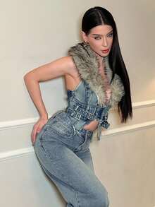 hhfernanda Y2K 女式可拆卸仿毛领牛仔夹克 - 藍色 - 查看 5