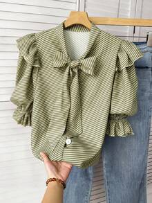 Airaco Women's Striped Tie Collar Single-Breasted Casual Versatile Daily Wear Shirt - Green - View 1