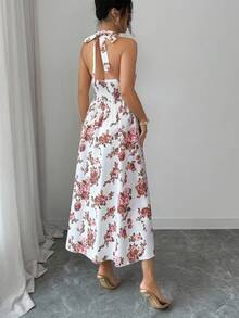 SHEIN Elenzya Women's Elegant Floral Print Backless Halter Dress, Summer - Red and White - View 2
