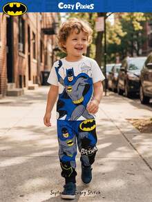 BATMAN X Cozy Pixies 2pcs/Set Young Boy Cartoon Pattern Knit Soft Round Neck Short Sleeve Top And Elastic Waist Pants - Black and White - View 1