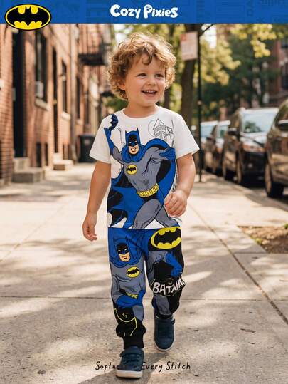 BATMAN X Cozy Pixies 2pcs/Set Young Boy Cartoon Pattern Knit Soft Round Neck Short Sleeve Top And Elastic Waist Pants