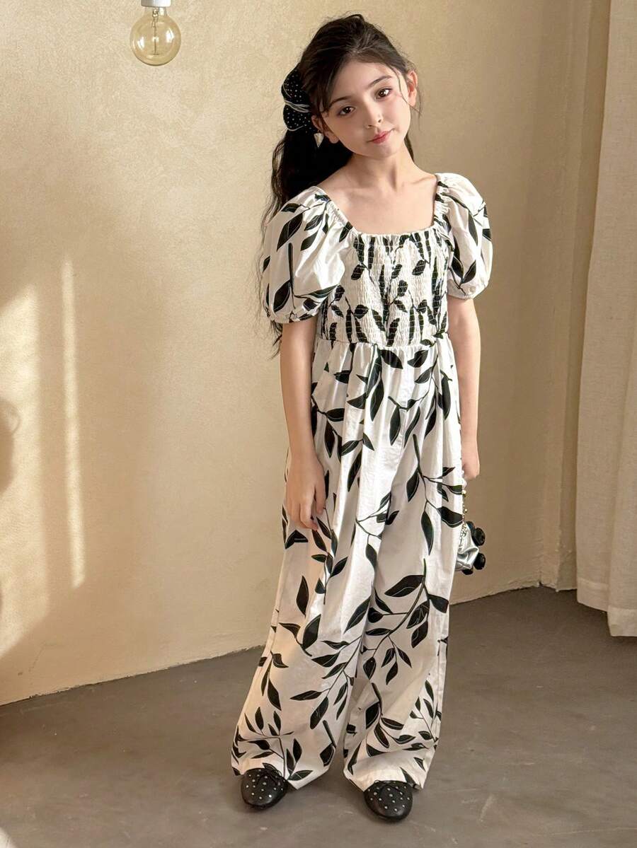 DAZY Tween Girl Vacation Plant Print Jumpsuit With Puff Sleeves, Loose Fit - Multicolor - View 1