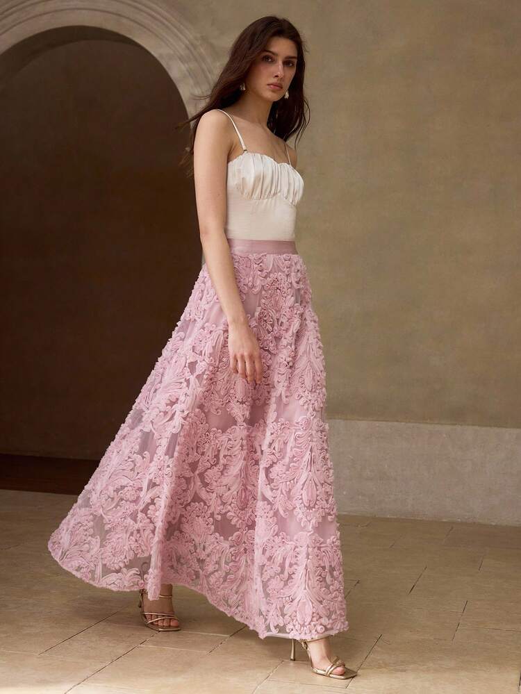 EMBROIDERED MESH FLORAL FLARE SKIRT