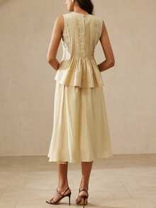 Zanirela Elegante conjunto de 2 piezas para mujer para vacaciones y uso diario, top acolchado sin mangas de diseño vintage con cintura recogida y dobladillo ancho, combinado con falda acampanada de cintura elástica - Amarillo claro - Ver 2