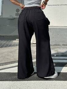 Muchica Plus Size Women Casual Flare Pants With Eyelet & Buckle Design Gothic Pants High Waisted Pants Black Wide Leg Pants Women Wide Leg Trousers For Women Gothic Wide Leg Pants High Waisted Pants For Women Wide Leg Pants For Women Belted Pants - Black - View 5