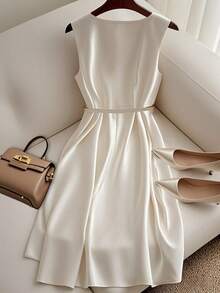 Franclia 1 件女士无袖束腰中长连衣裙，女士优雅中长连衣裙，采用珠地网眼面料 - 杏色 - 查看 2