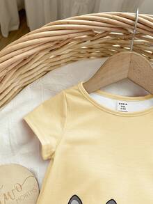 Babygirl Cute Pink Cartoon Print Short Sleeve Dress, Spring/Summer - Yellow - View 6