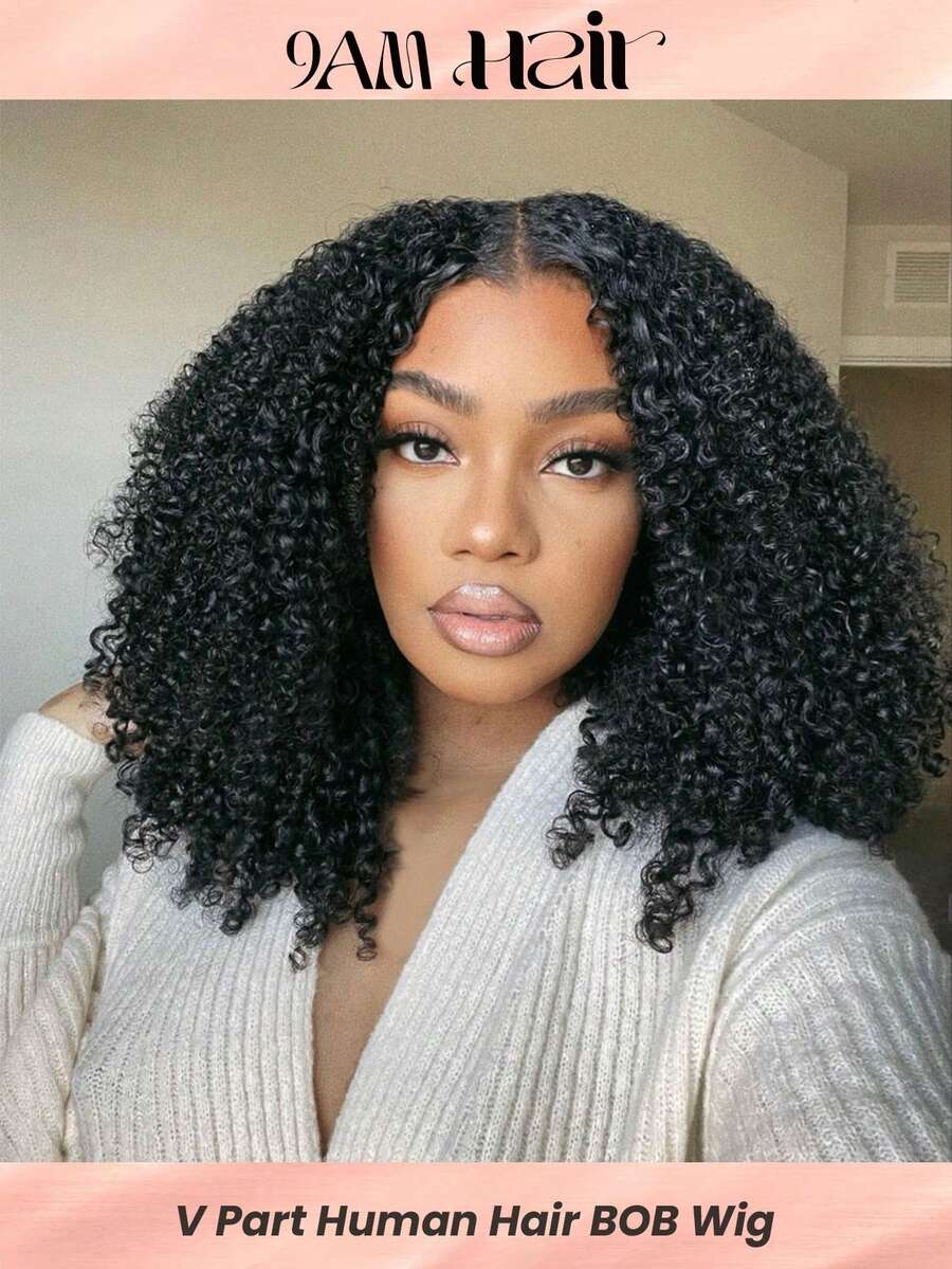 Tóc giả ngắn kiểu Bob Afro xoăn tít rẽ ngôi chữ V, làm từ tóc thật, giá cả phải chăng, tóc giả thay thế giá rẻ cho phụ nữ, tóc giả mềm mượt, dễ sử dụng cho người mới bắt đầu, màu đen tự nhiên. - Natural Black - Xem 1