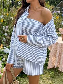 SHEIN 3pcs Maternity Striped Ruched Bandeau Top, Shorts And Long Sleeve Cardigan Set, Casual Daily Wear - Multicolor - View 3